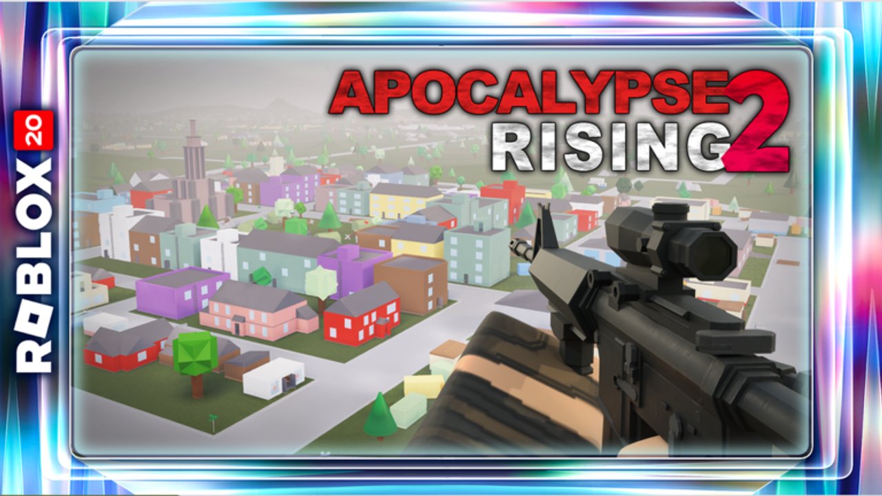 Apocalypse Rising 2 survivor aiming a rifle amid Infected on a Roblox island town